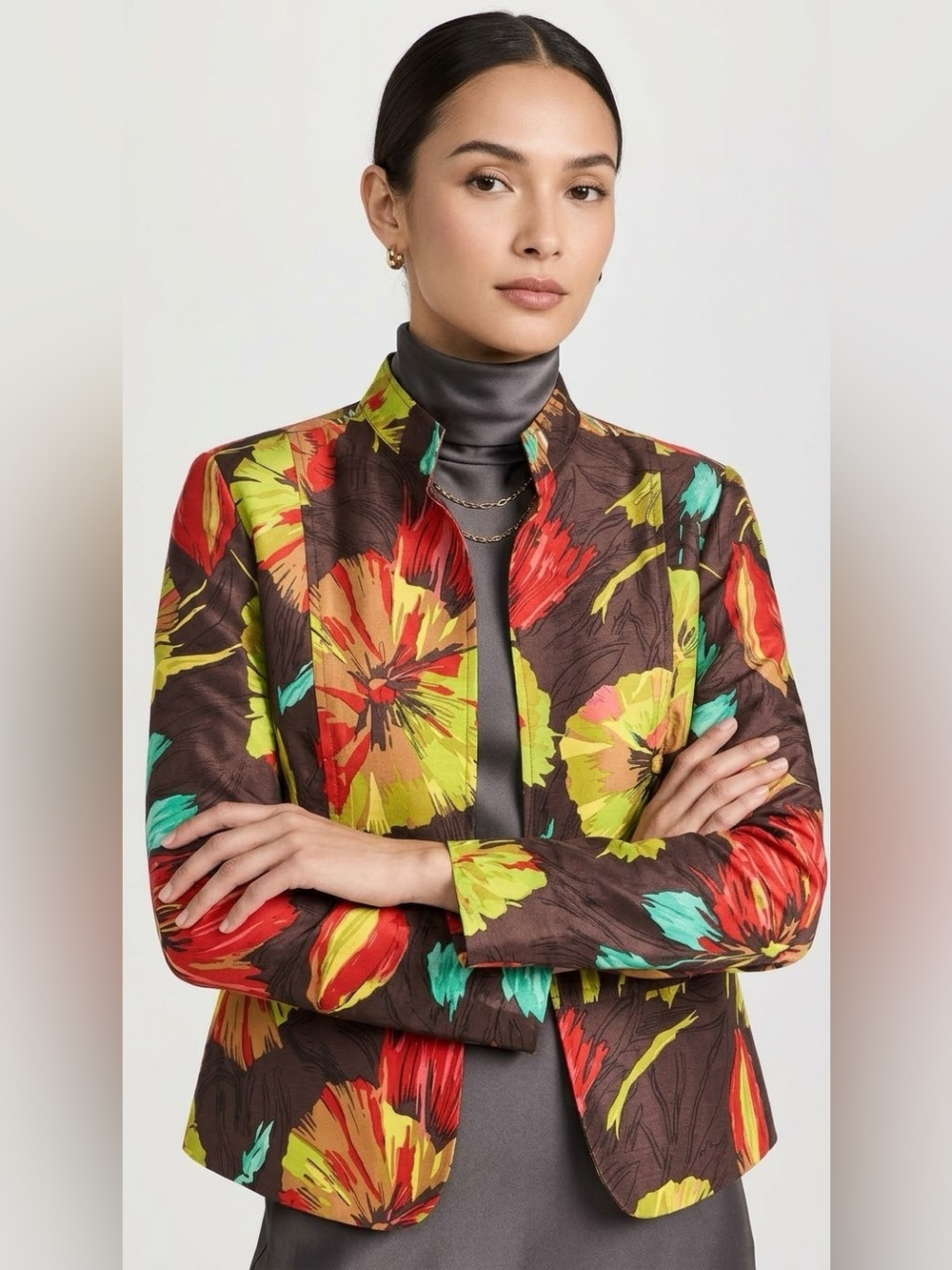 COLDWATER CREEK Open Front Floral Jacket Blazer Silk Unlined Work Womens Size LP